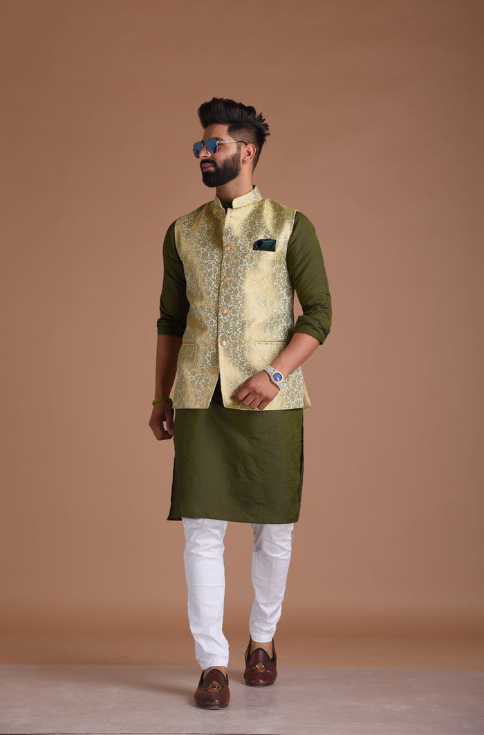 Golden Green Brocade Silk Jodhpuri Jacket With Kurta Pajama