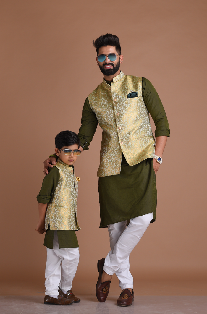 Golden Green Brocade Silk Jodhpuri Jacket With Kurta Pajama