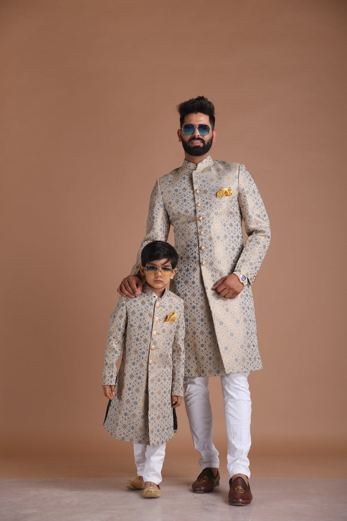 Golden Grey Royal Floral Pattern Banarasi Kim-Khab Sherwani