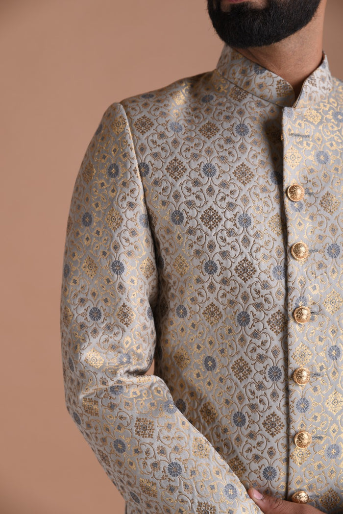 Golden Grey Royal Floral Pattern Banarasi Kim-Khab Sherwani