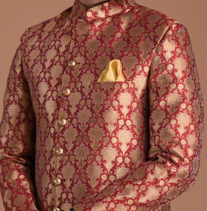 Golden Red Maharaja Style Banarasi Brocade Silk Sherwani