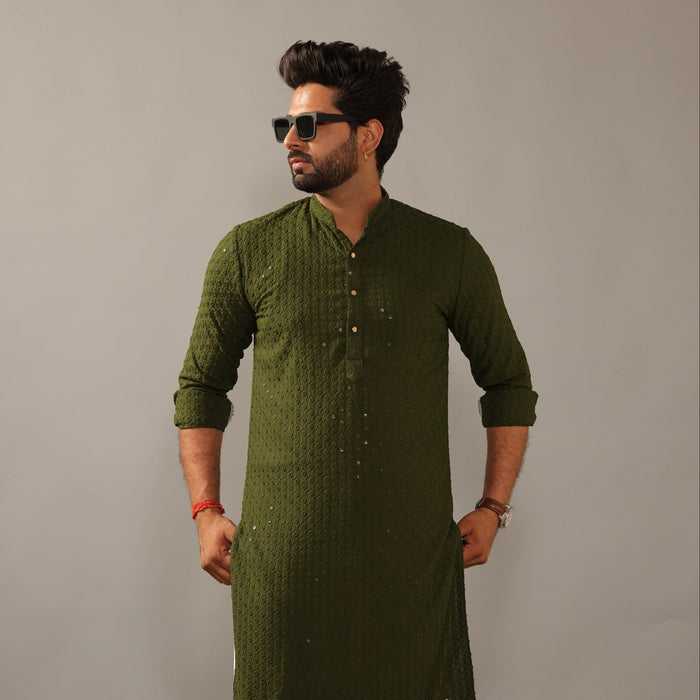Green Chikankaari Mens Embroidered Kurta Pajama