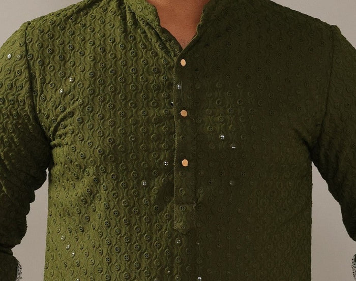 Green Chikankaari Mens Embroidered Kurta Pajama