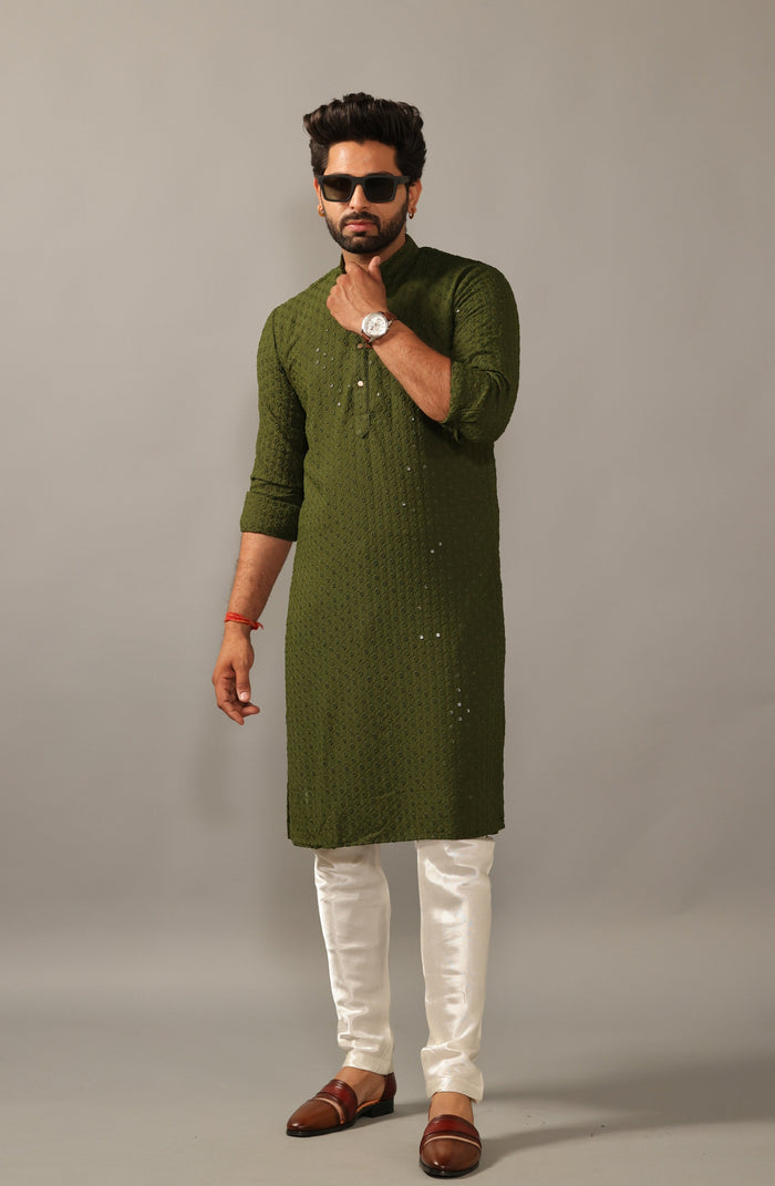 Green Chikankaari Mens Embroidered Kurta Pajama
