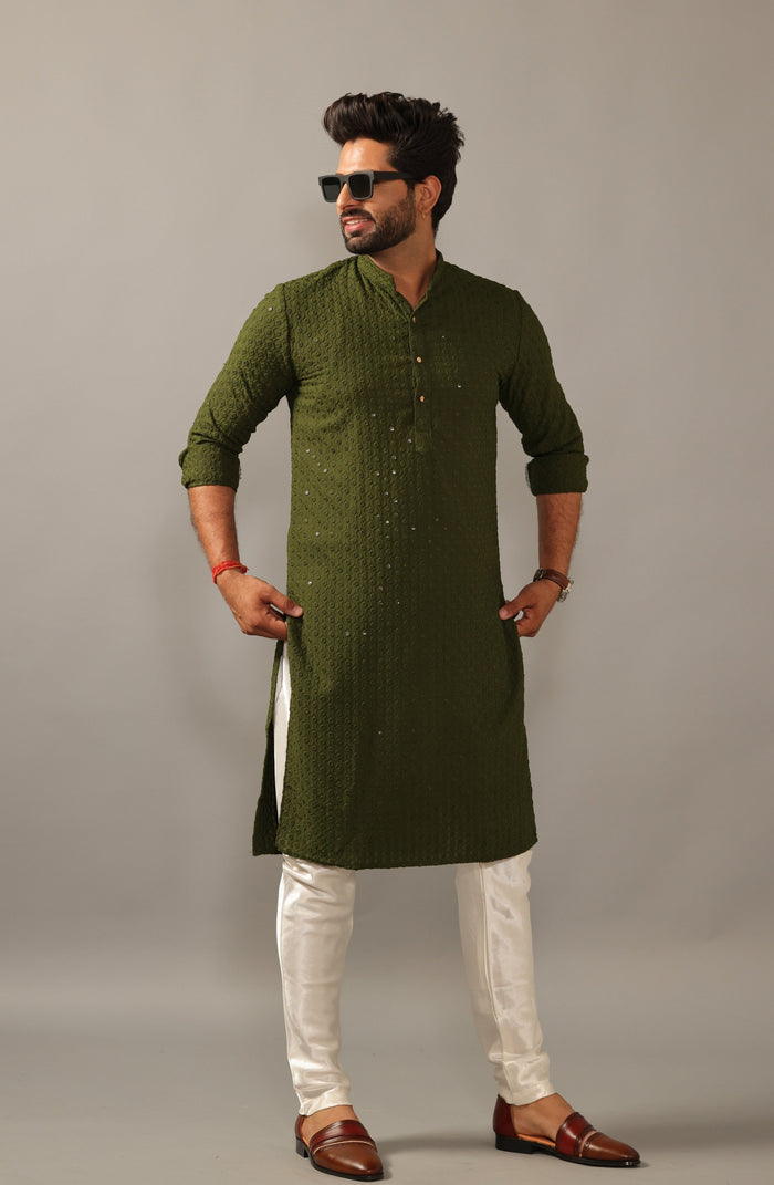 Green Chikankaari Mens Embroidered Kurta Pajama