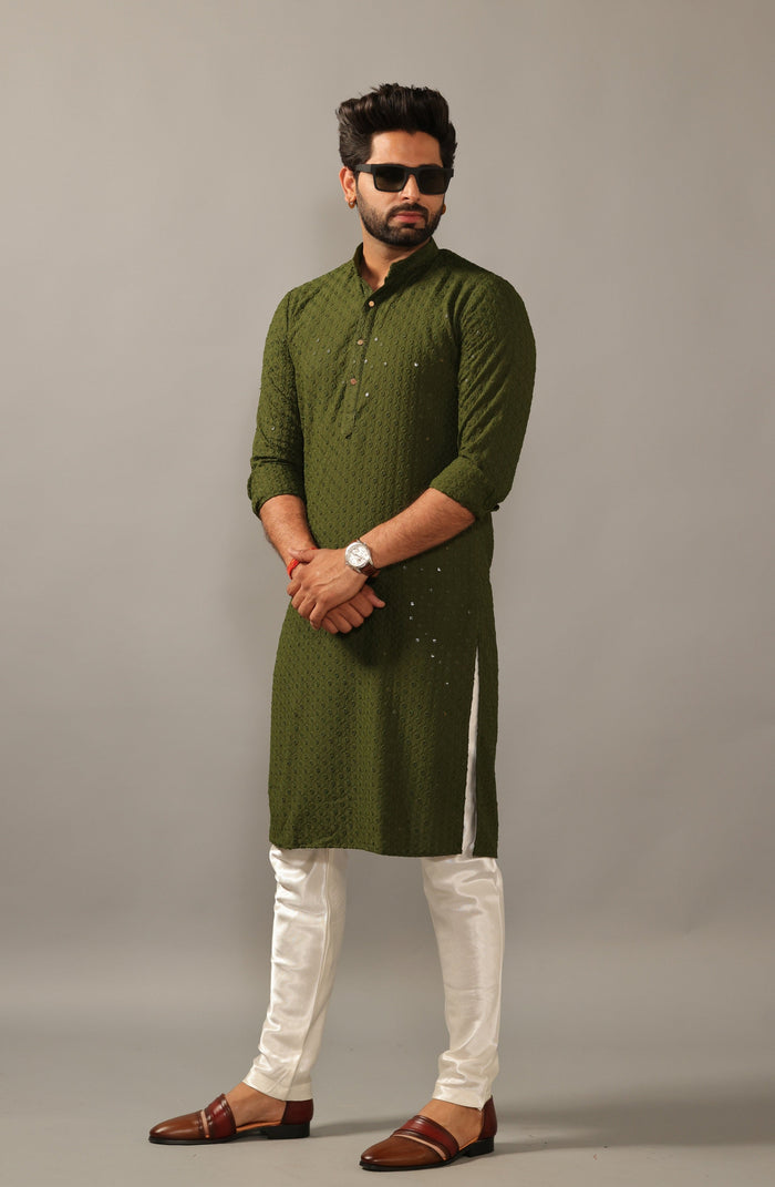 Green Chikankaari Mens Embroidered Kurta Pajama