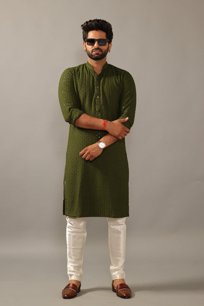 Green Chikankaari Mens Embroidered Kurta Pajama