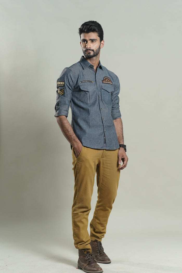 Grey Denim Rajputana Shirt with Zipper detail
