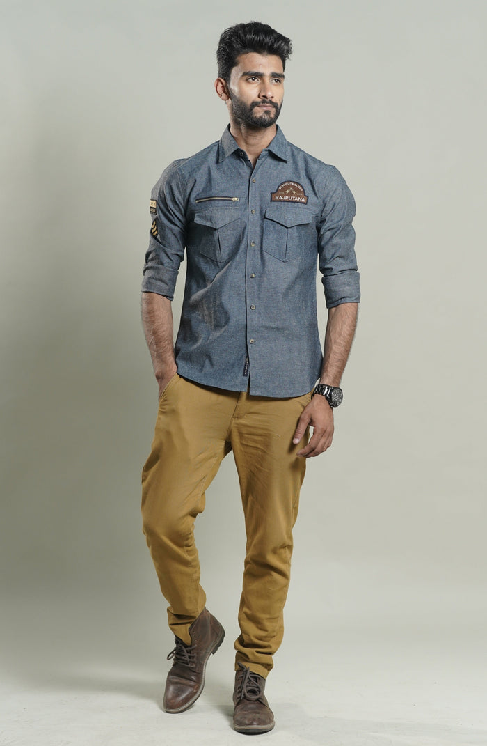 Grey Denim Rajputana Shirt with Zipper detail