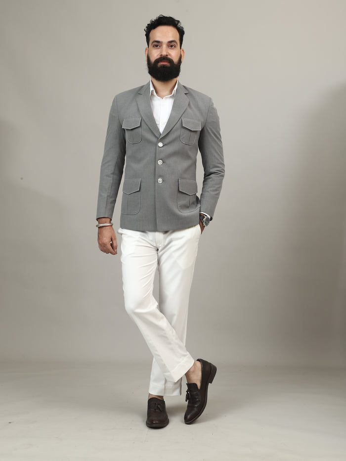 Grey Hunting Blazer with Contrast Stitch Pockets