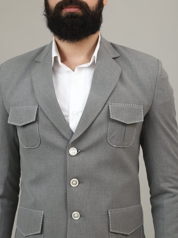 Grey Hunting Blazer with Contrast Stitch Pockets