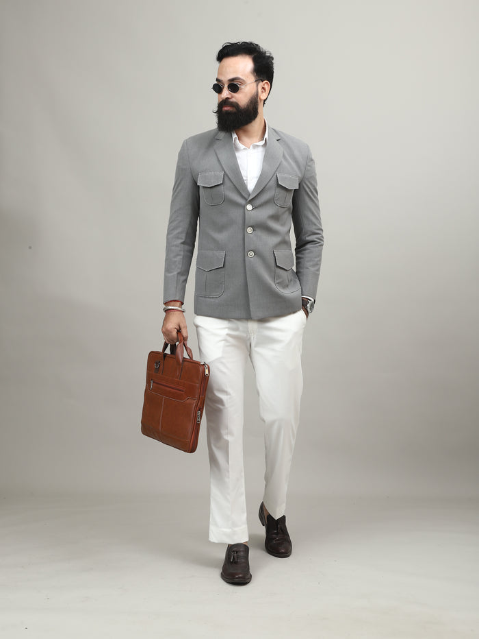 Grey Hunting Blazer with Contrast Stitch Pockets