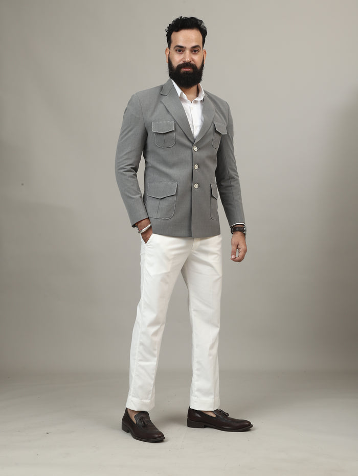 Grey Hunting Blazer with Contrast Stitch Pockets