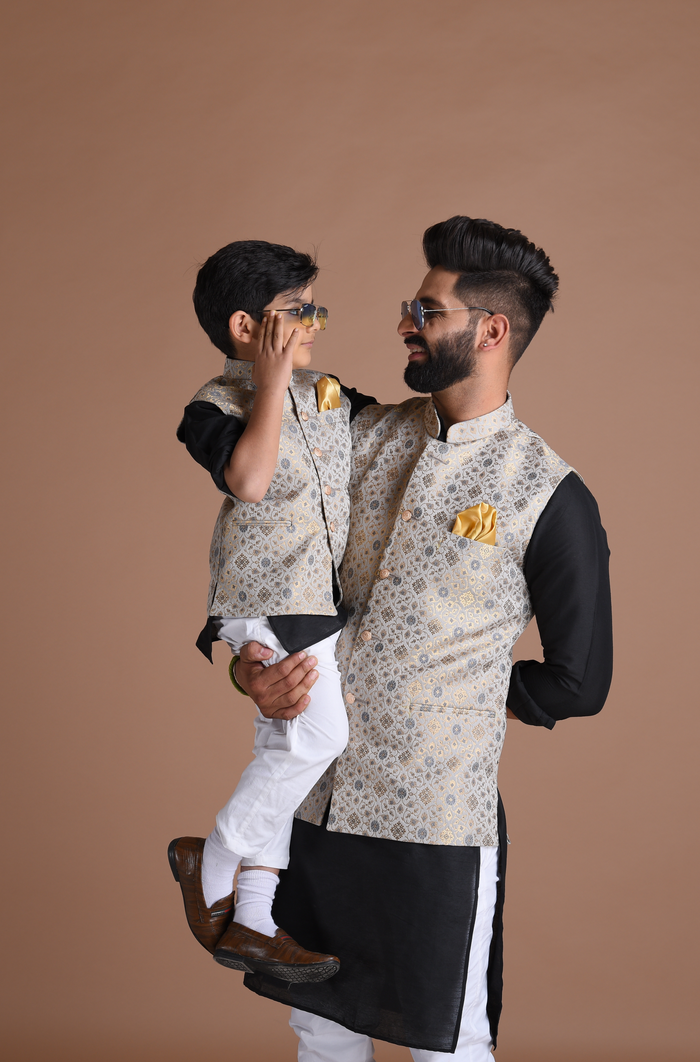 Greyish Blue Half Jodhpuri Designer Jacket With Silk Kurta Pajama Set