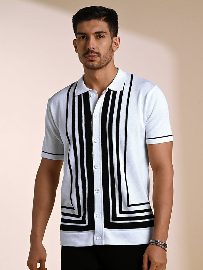 Gridlock White Geometric Knit Polo Shirt - Black & white