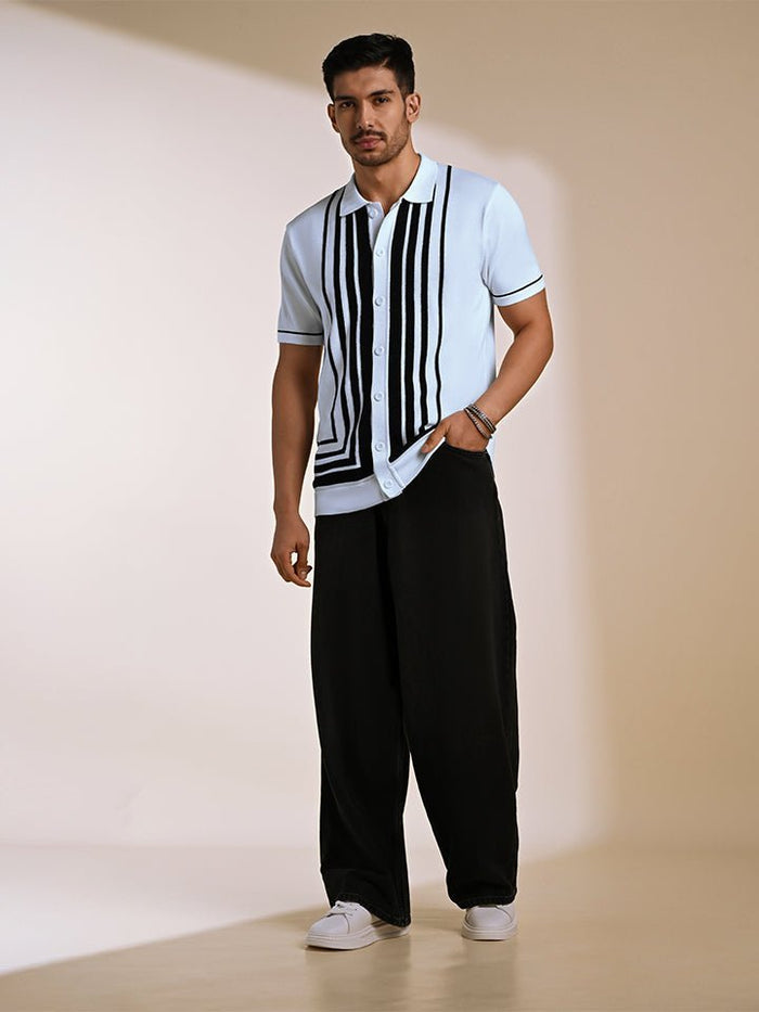 Gridlock White Geometric Knit Polo Shirt - Black & white