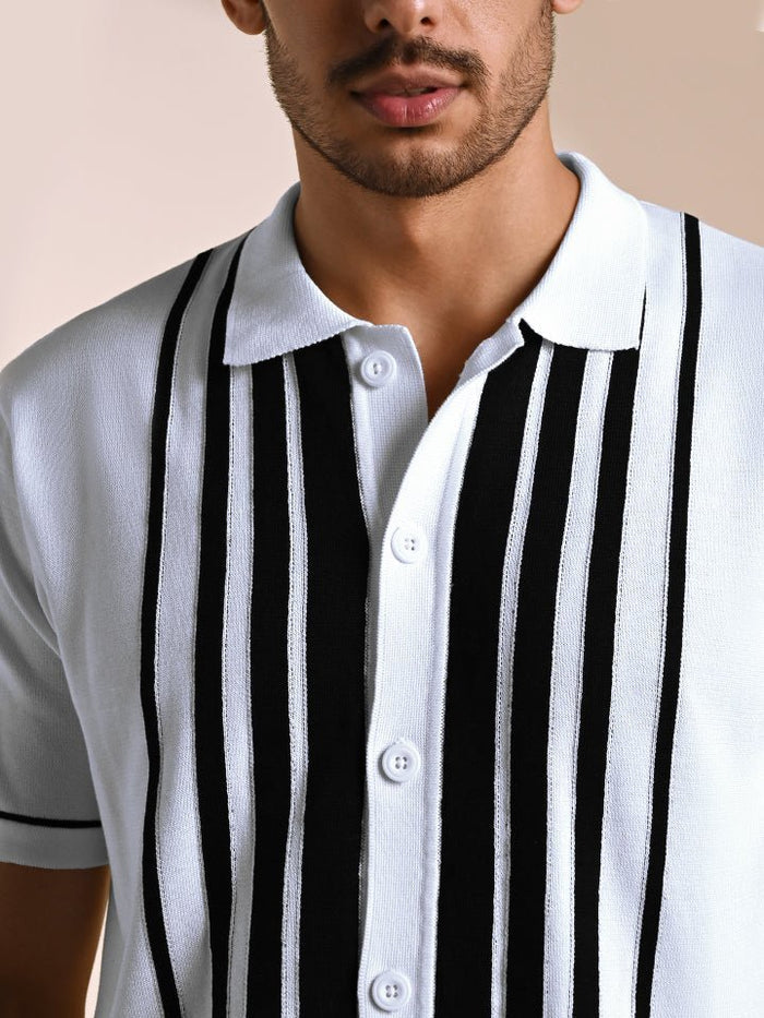 Gridlock White Geometric Knit Polo Shirt - Black & white