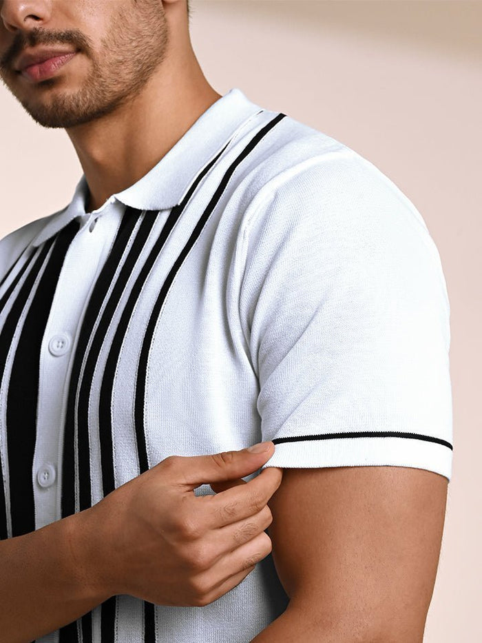 Gridlock White Geometric Knit Polo Shirt - Black & white