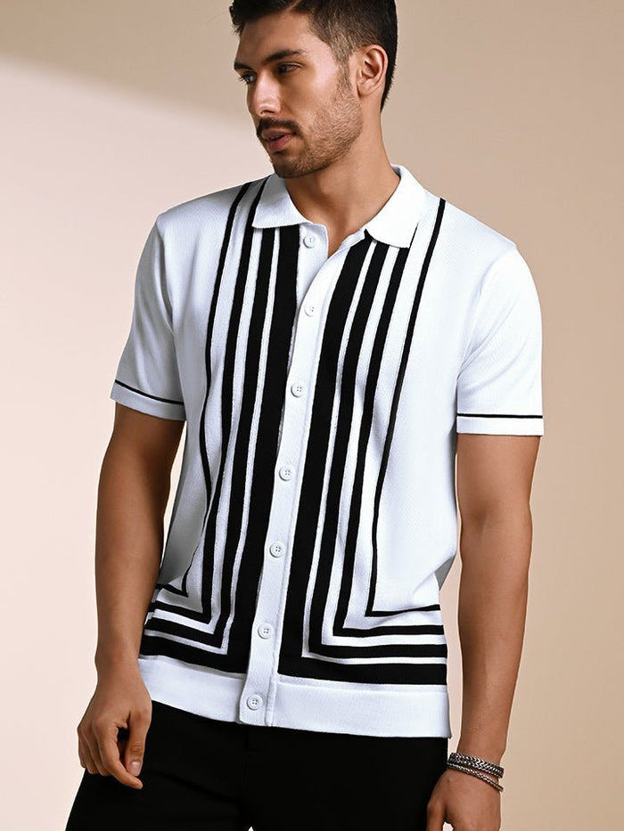 Gridlock White Geometric Knit Polo Shirt - Black & white