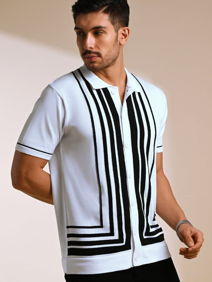 Gridlock White Geometric Knit Polo Shirt - Black & white