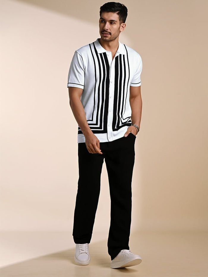 Gridlock White Geometric Knit Polo Shirt - Black & white
