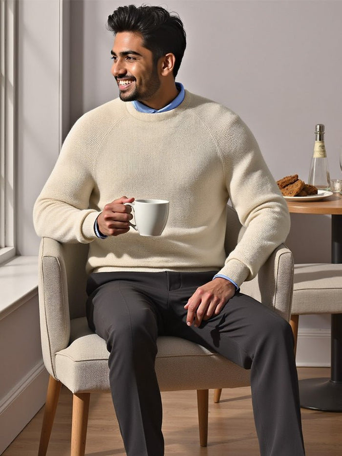 Grizzly White Round Neck Acrowool Sweater