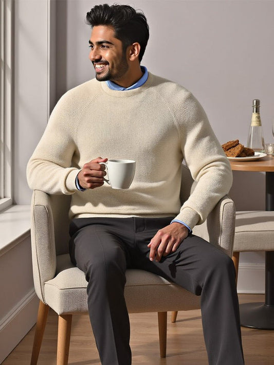 Grizzly White Round Neck Acrowool Sweater