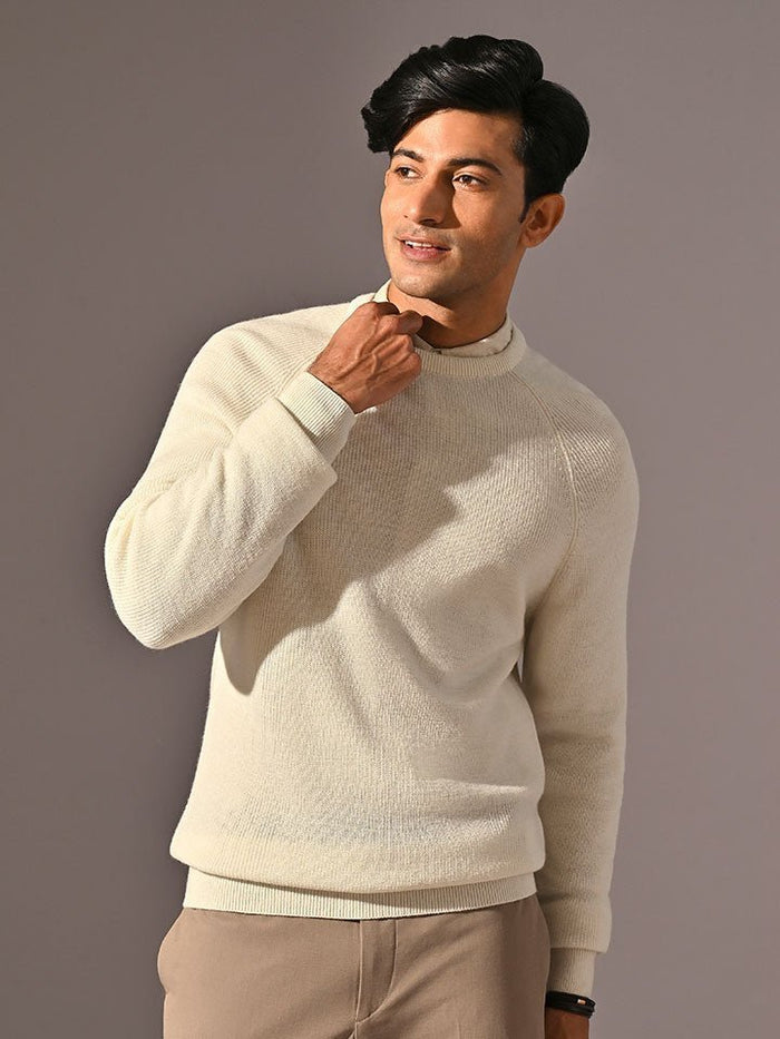 Grizzly White Round Neck Acrowool Sweater