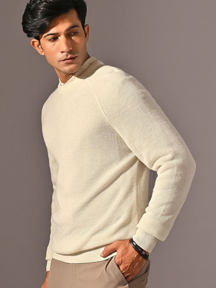 Grizzly White Round Neck Acrowool Sweater