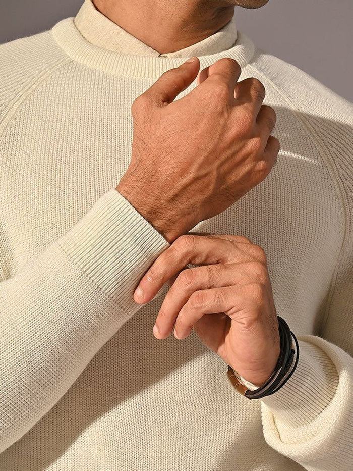 Grizzly White Round Neck Acrowool Sweater