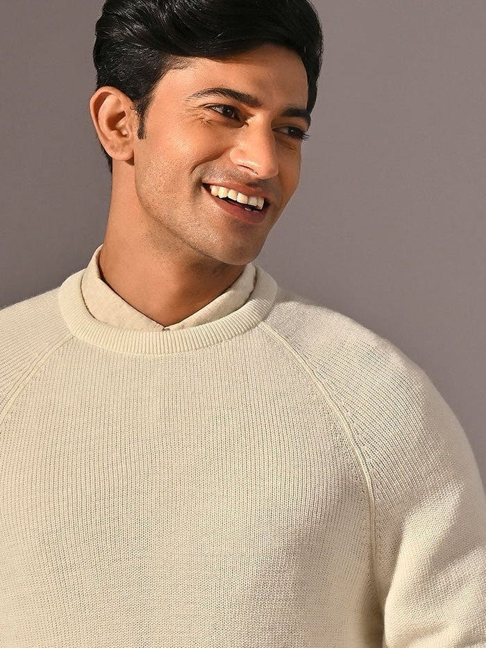 Grizzly White Round Neck Acrowool Sweater