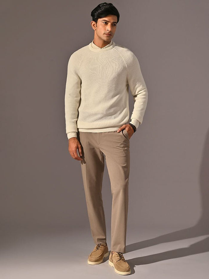 Grizzly White Round Neck Acrowool Sweater