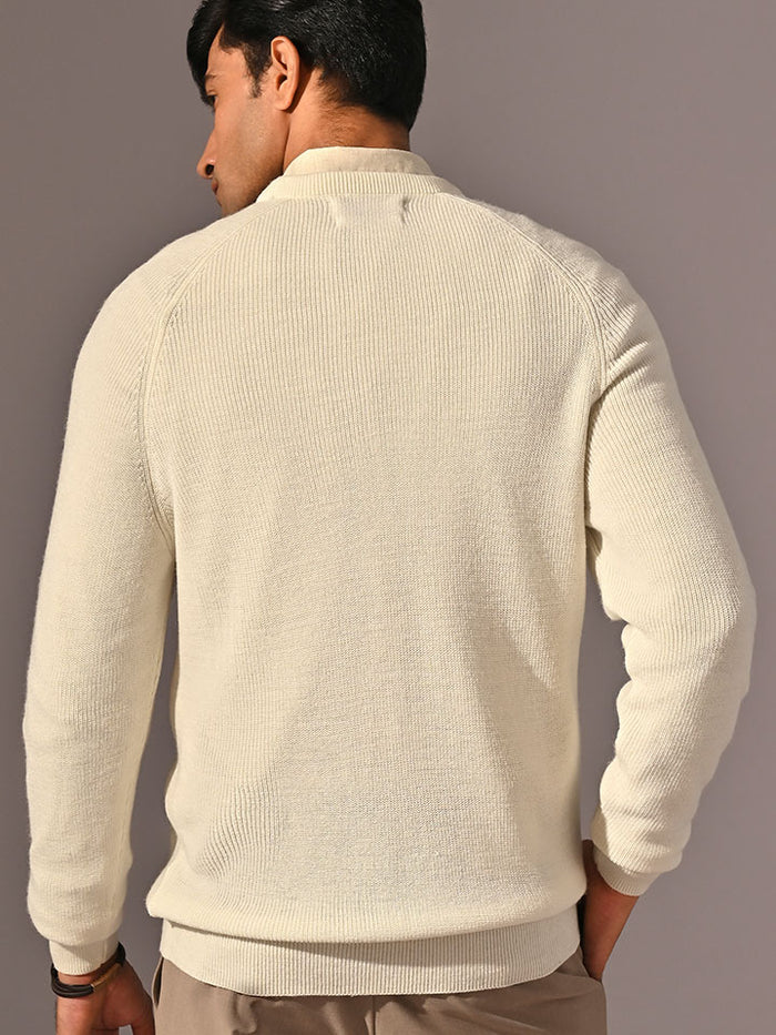 Grizzly White Round Neck Acrowool Sweater