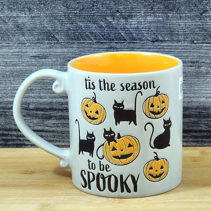 Halloween Black Cat Coffee Mug Pumpkins Ceramic Orange Tea Cup Blue Sky 21oz