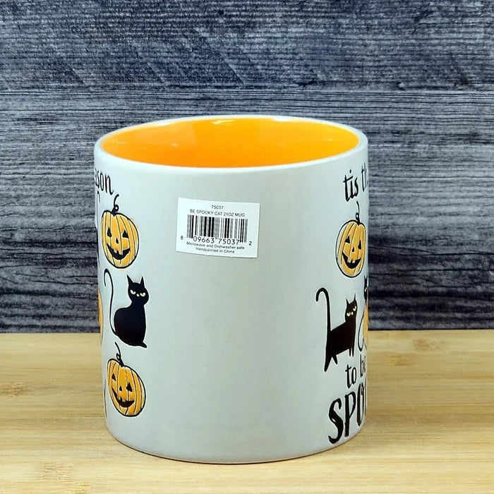 Halloween Black Cat Coffee Mug Pumpkins Ceramic Orange Tea Cup Blue Sky 21oz