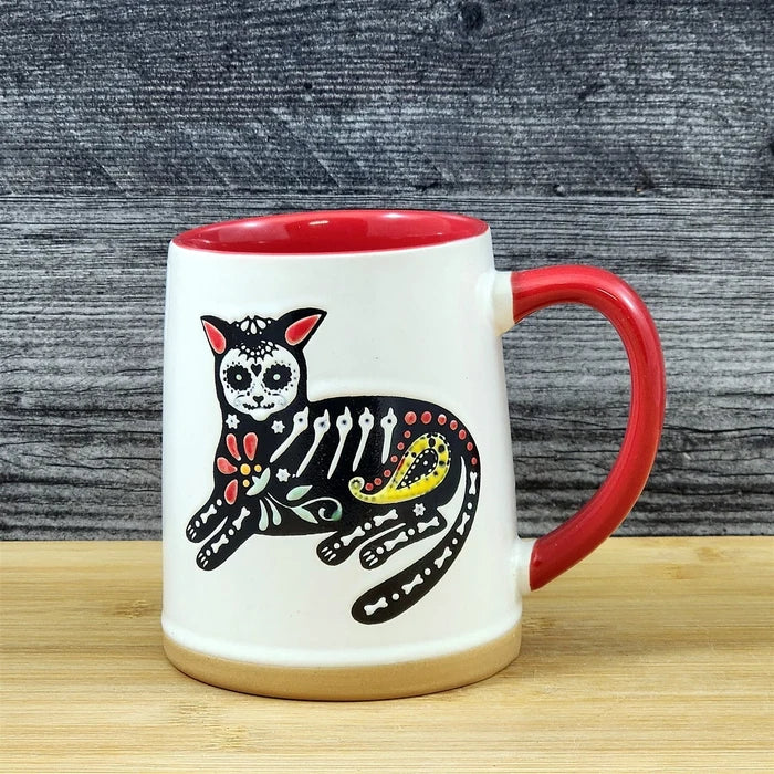 Halloween Day of the Dead Whimsical Cat Coffee Mug Red Ceramic Cup Blue Sky