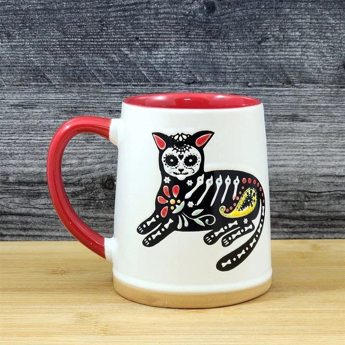 Halloween Day of the Dead Whimsical Cat Coffee Mug Red Ceramic Cup Blue Sky