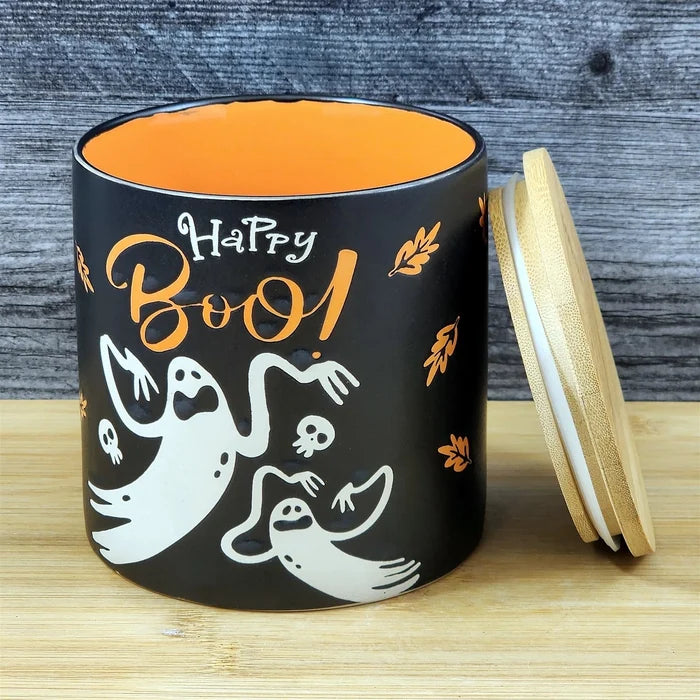 Halloween Ghosts Canister and Bamboo Lid Embossed 4" Ceramic Jar Blue Sky Orange