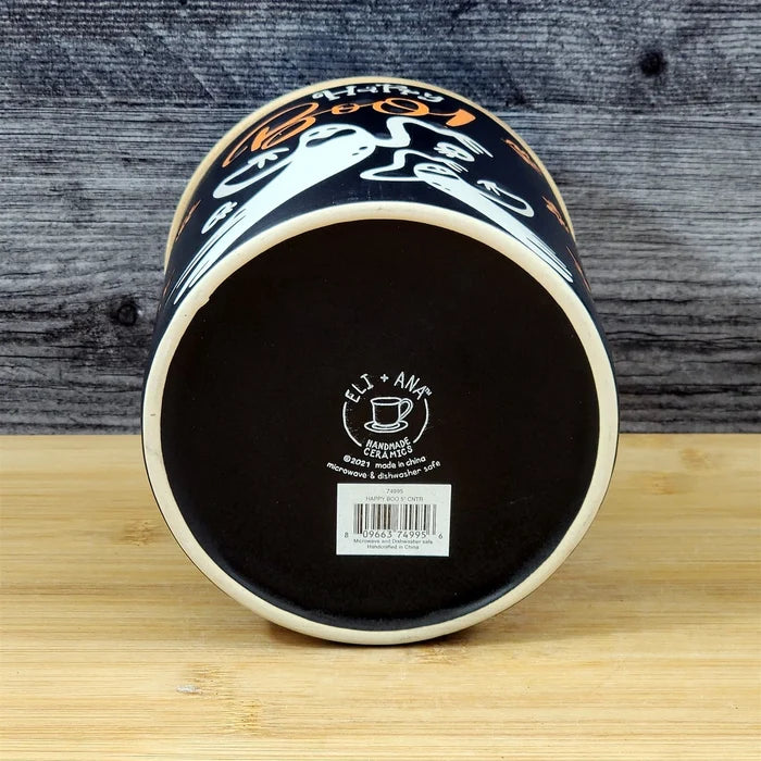 Halloween Ghosts Canister and Bamboo Lid Embossed 4" Ceramic Jar Blue Sky Orange