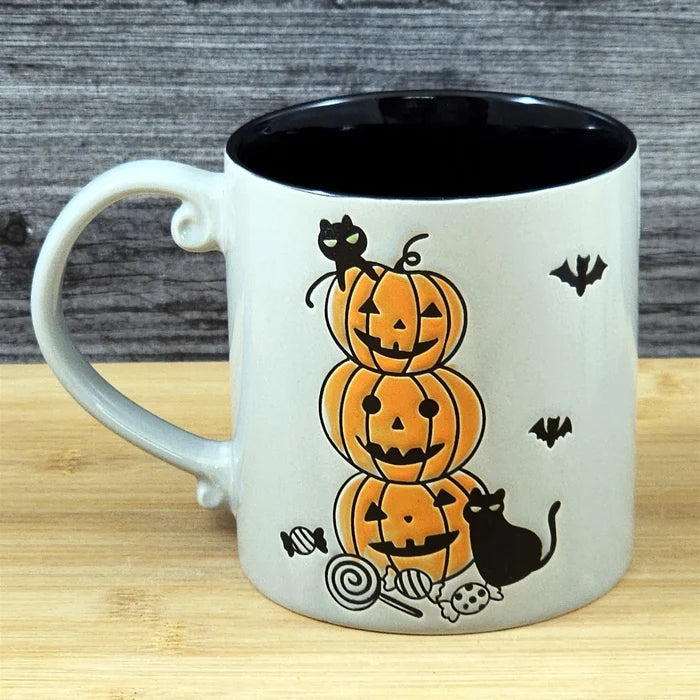 Halloween Pumpkins Black Cats Mug Ceramic Embossed Coffee Tea Cup Blue Sky 21oz