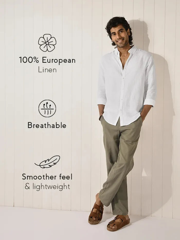 Hampstead White 100% Linen Button Down Shirt - features