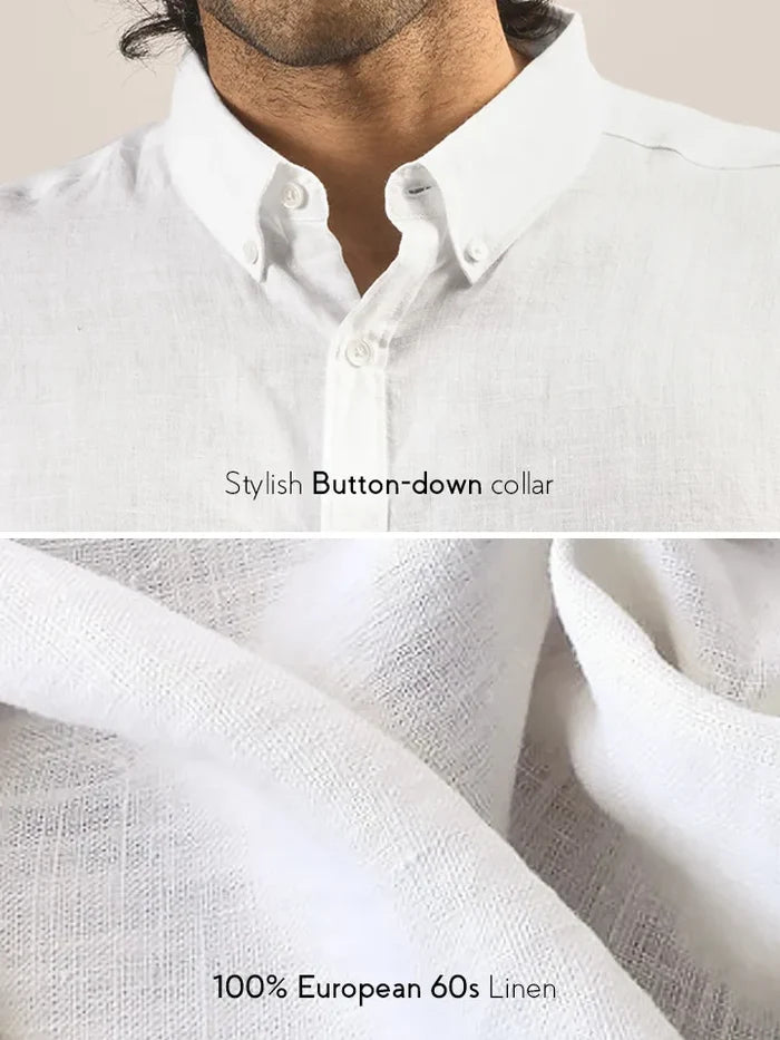Hampstead White 100% Linen Button Down Shirt - Button down collar