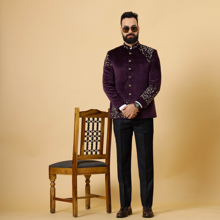 Hand Embroidered Mulberry Velvet Maharaja Jodhpuri Bandhgala Jacket with Black Trouser
