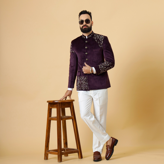 Hand Embroidered Mulberry Velvet Maharaja Jodhpuri Bandhgala Jacket with White Trouser