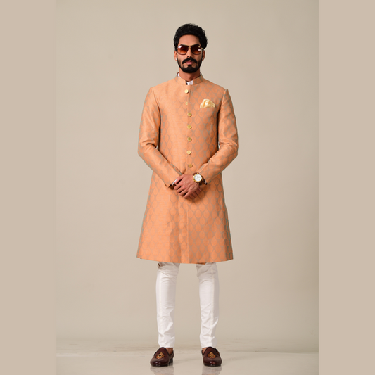 Handmade Booti Pattern Rust Cyan Brocade Silk Sherwani