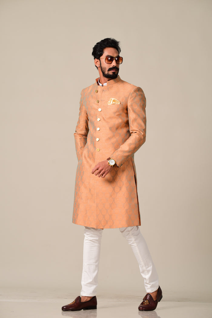 Handmade Booti Pattern Rust Cyan Brocade Silk Sherwani