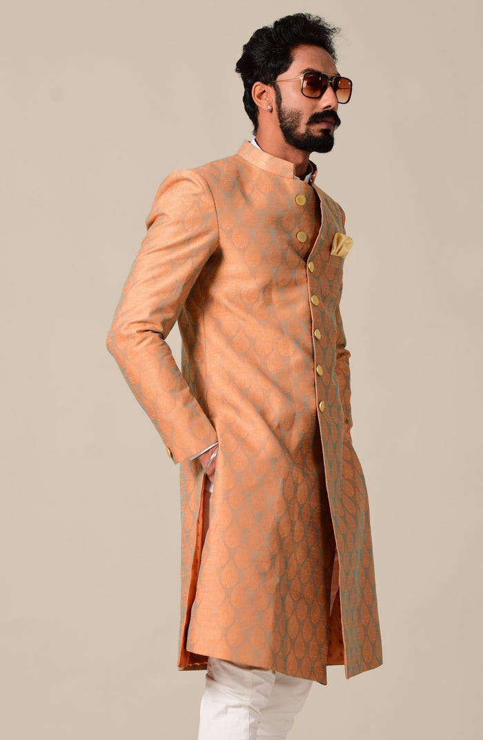 Handmade Booti Pattern Rust Cyan Brocade Silk Sherwani
