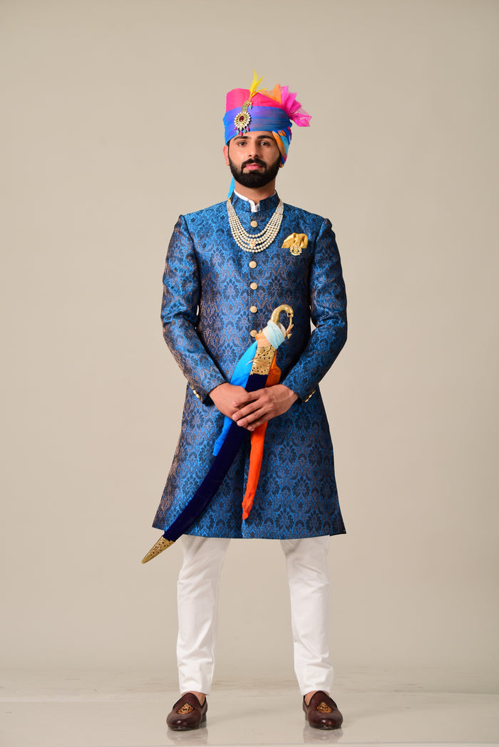 Handmade Cobalt Blue Kim-Khab Brocade Silk Achkan