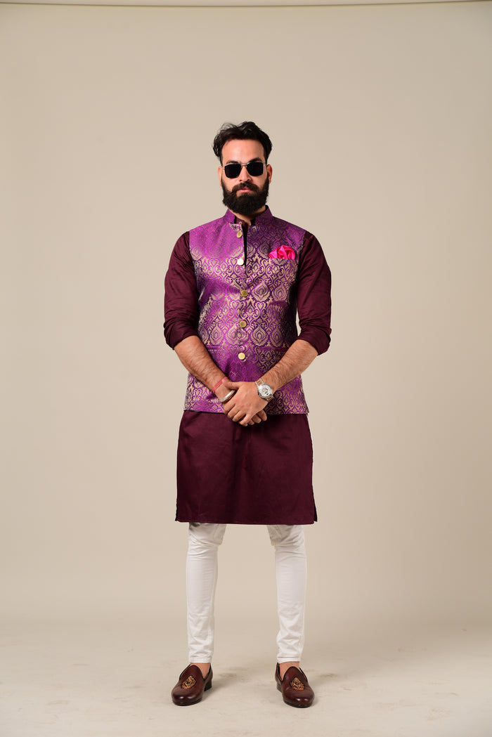 Handmade Elegant Maroon Kurta Pajama Set with Jam Purple Nehru Jacket | Open Day Functions Wedding Ceremonies Festivals Indian Dinner