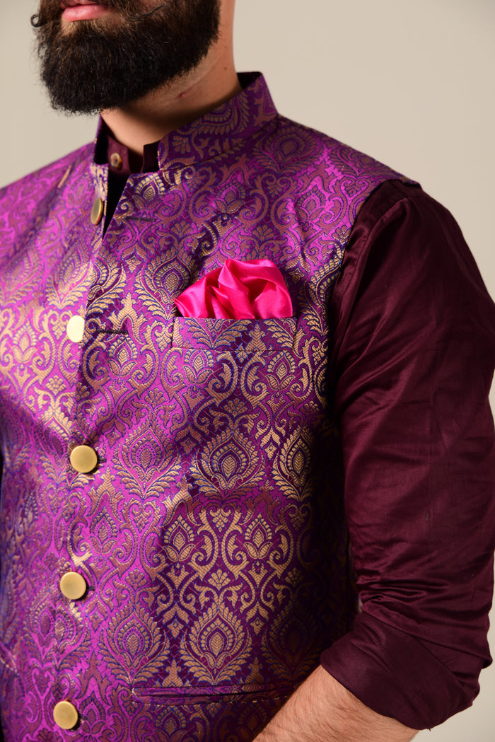 Handmade Elegant Maroon Kurta Pajama Set with Jam Purple Nehru Jacket | Open Day Functions Wedding Ceremonies Festivals Indian Dinner